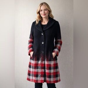 Dolcezza Black Wool Blend Coat Red Plaid Hem Shawl Collar Jacket PTP 20”
